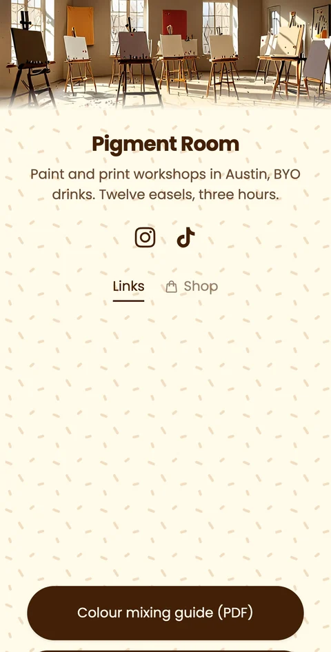 A pottery studio's page carrying workshops, a shop and a map