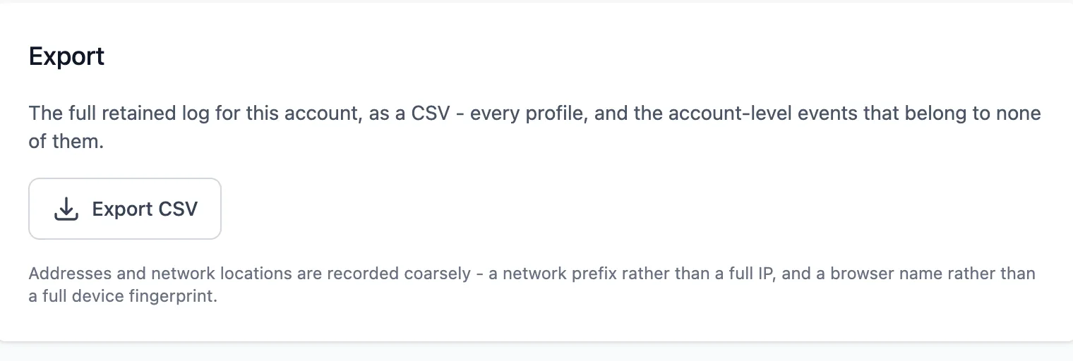 The Export card, offering the full retained log for the account as a CSV, with a note that addresses are recorded as a network prefix rather than a full IP.