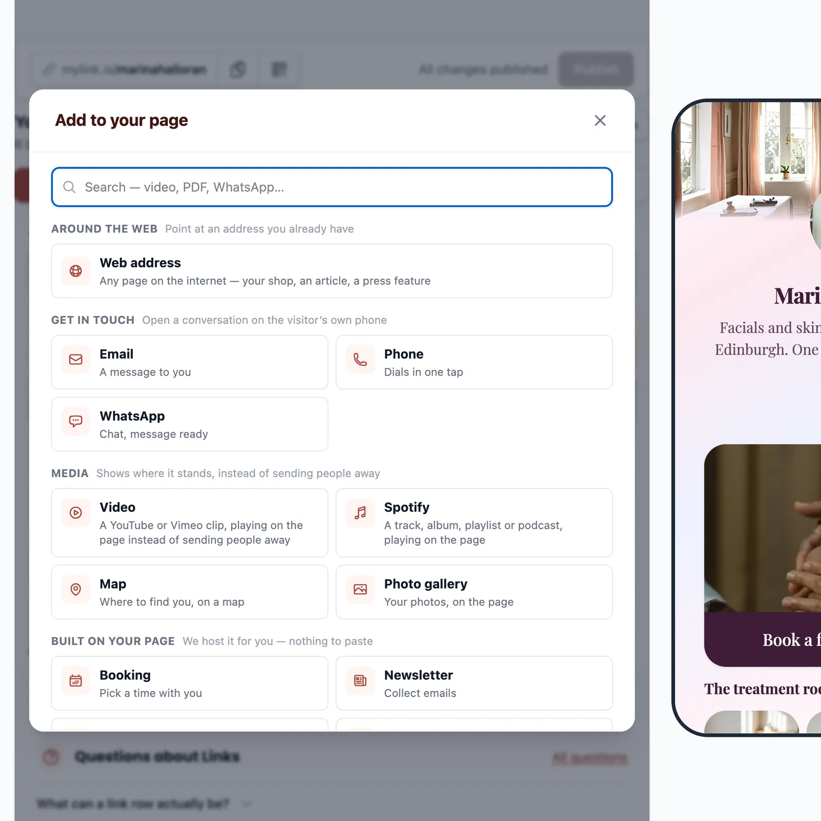 The Add to your page dialog, listing link types grouped as Around the web, Get in touch, Media, and Built on your page.