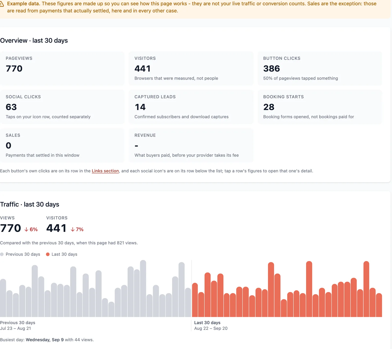 The analytics overview under a banner warning that the figures are example data: tiles for pageviews, visitors, button clicks, social clicks, captured leads, booking starts, sales and revenue.