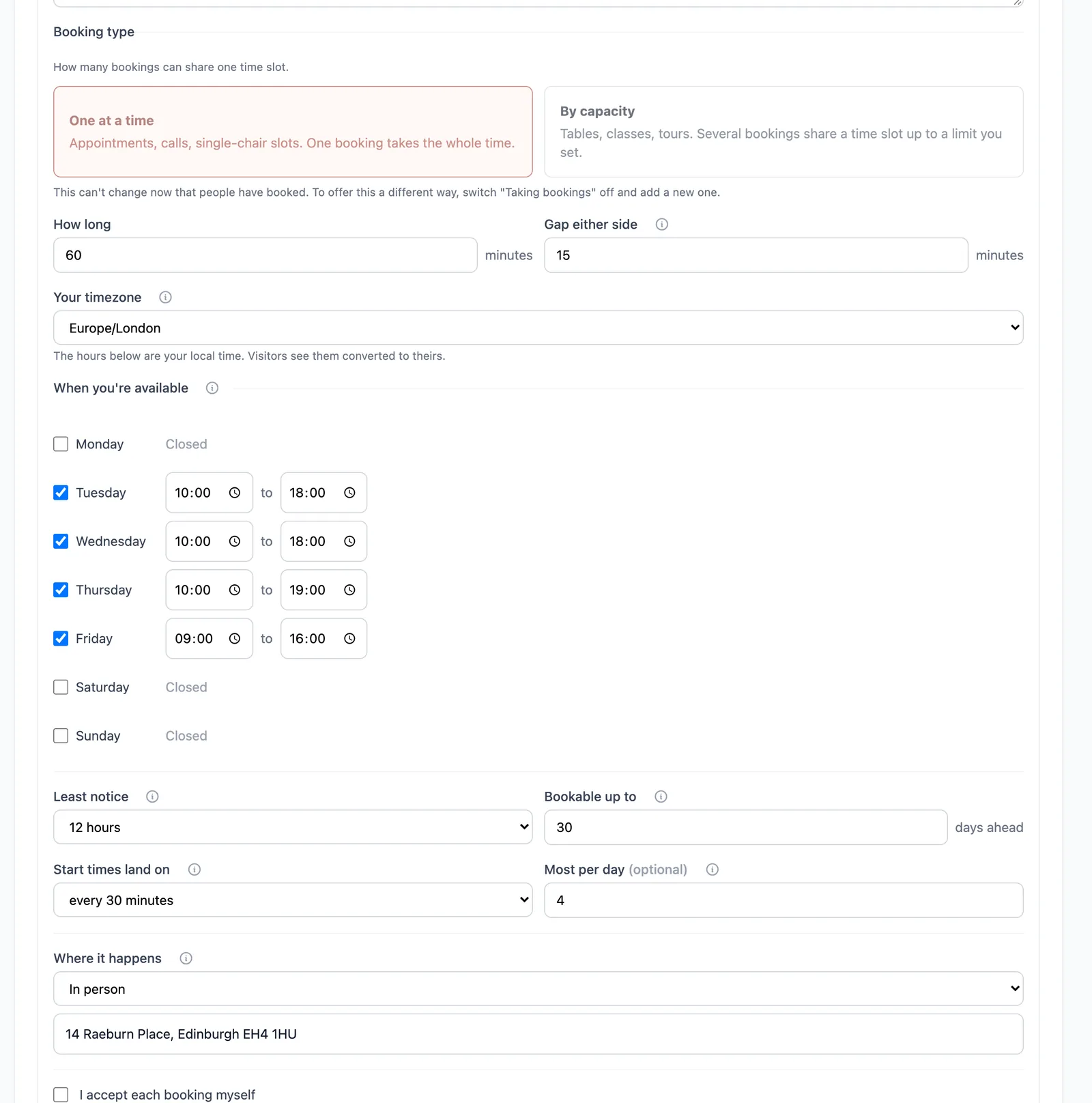 An expanded service form showing booking type, length, gap either side, timezone, a row of weekday checkboxes with opening and closing times, and the notice and limit fields below them.