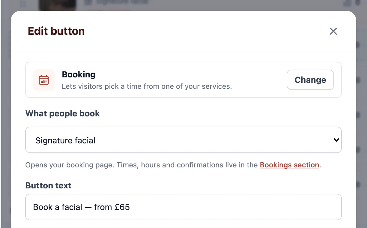 The Edit button dialog for a booking row, with a What people book dropdown naming the service and a button text field reading Book a facial — from £65.