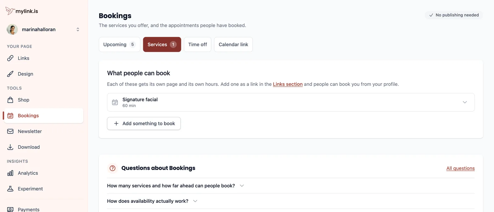 The Services tab of the Bookings section, listing one service with its length and an Add something to book button.