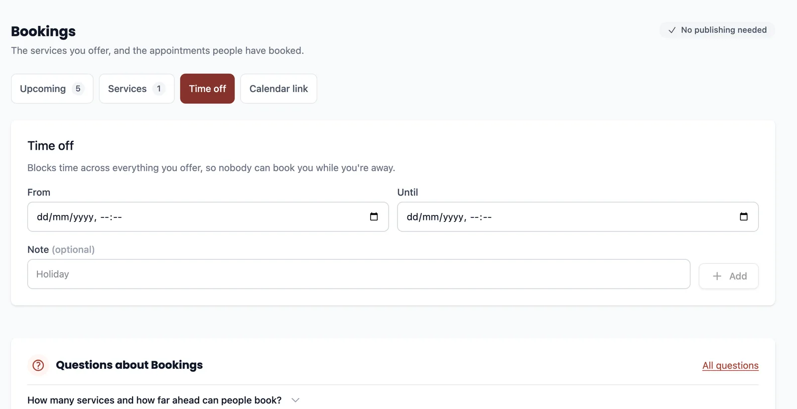 The Time off tab showing From and Until datetime fields, an optional note field and an Add button.