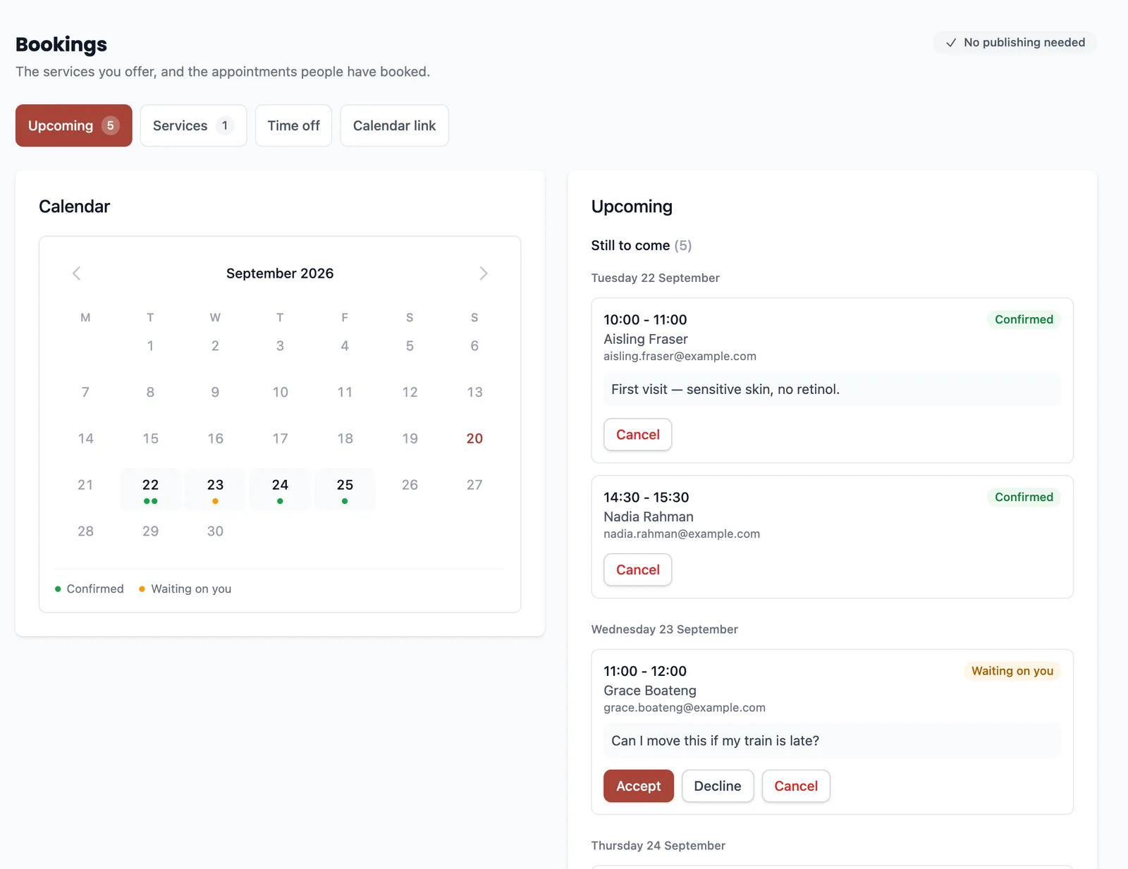 The Upcoming tab of the Bookings section: a month calendar on the left with coloured dots on booked days, and a dated list of appointments on the right showing the time, the person, their note and the actions available.
