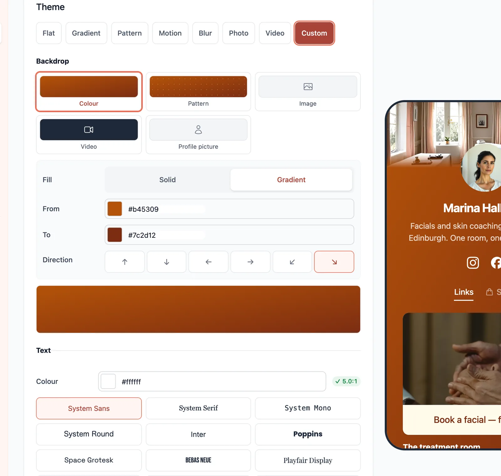 The Custom theme editor: backdrop choices of colour, pattern, image, video or profile picture, a solid-or-gradient fill with its own colours and direction, then the text colour with a contrast reading beside it and the list of typefaces.