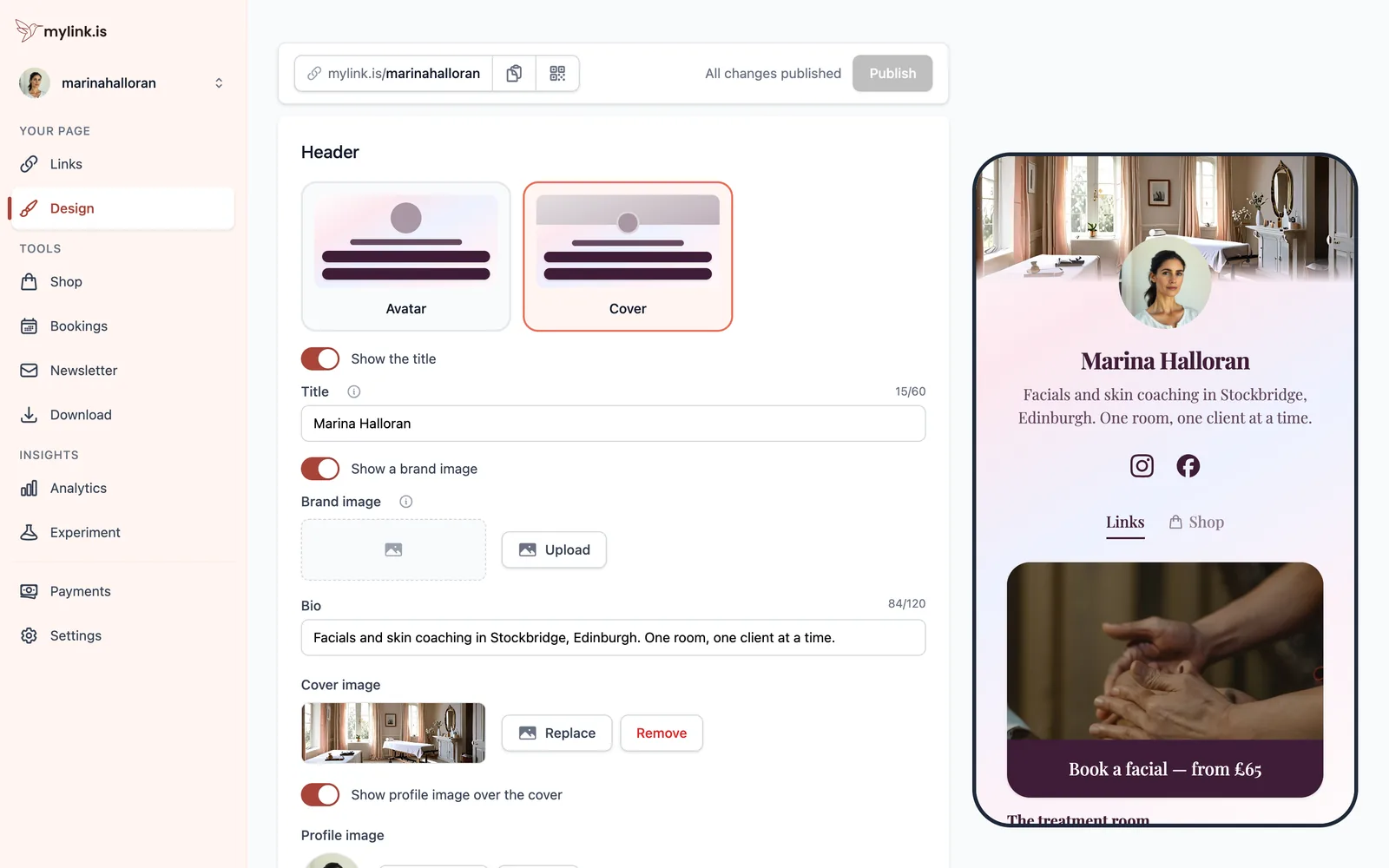 The Design section showing the header fields — avatar or cover layout, title, brand image, bio and profile image — beside a live phone preview.