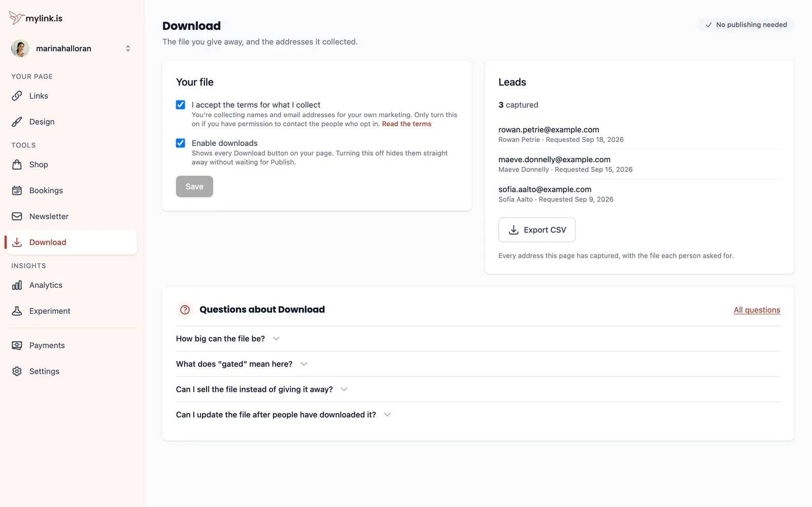 The Download section with the uploaded file named, a terms checkbox, an enable switch and a Save button, above a panel listing the addresses collected.