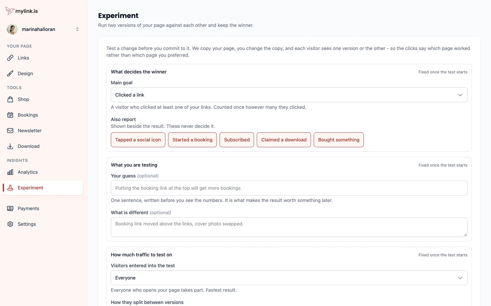 The Experiment section: a Main goal dropdown reading Clicked a link, a row of secondary metrics that never decide the result, and fields for the guess and what is different.