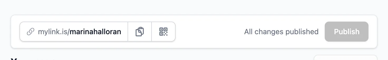 The studio toolbar showing the page address, a copy button, a QR code button and the Publish button, with the state reading All changes published.