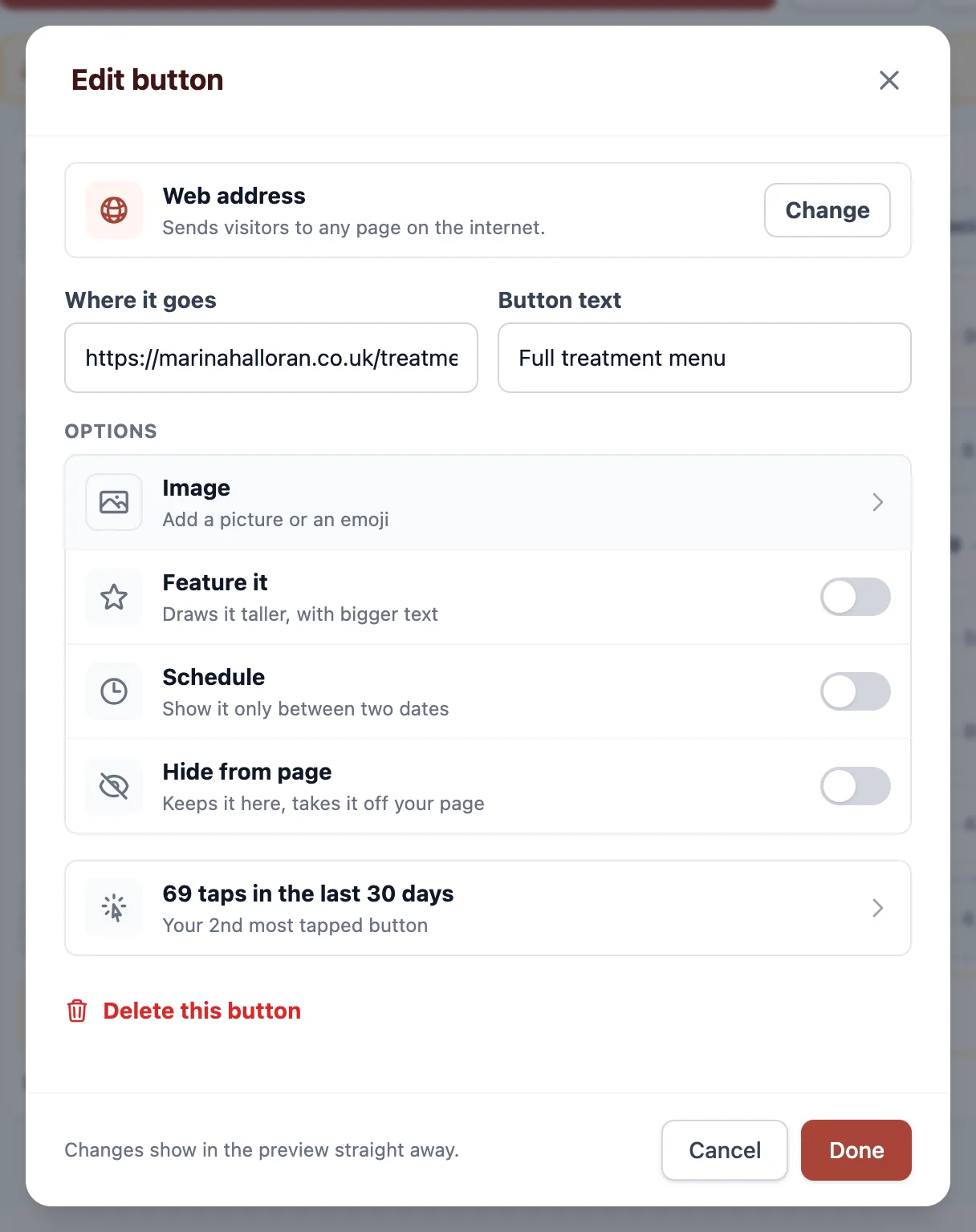 The Edit button dialog for a booking row: the type, the service it points at, the button text, and the options under them — Image, Charge for it, Feature it, Schedule and Hide from page.