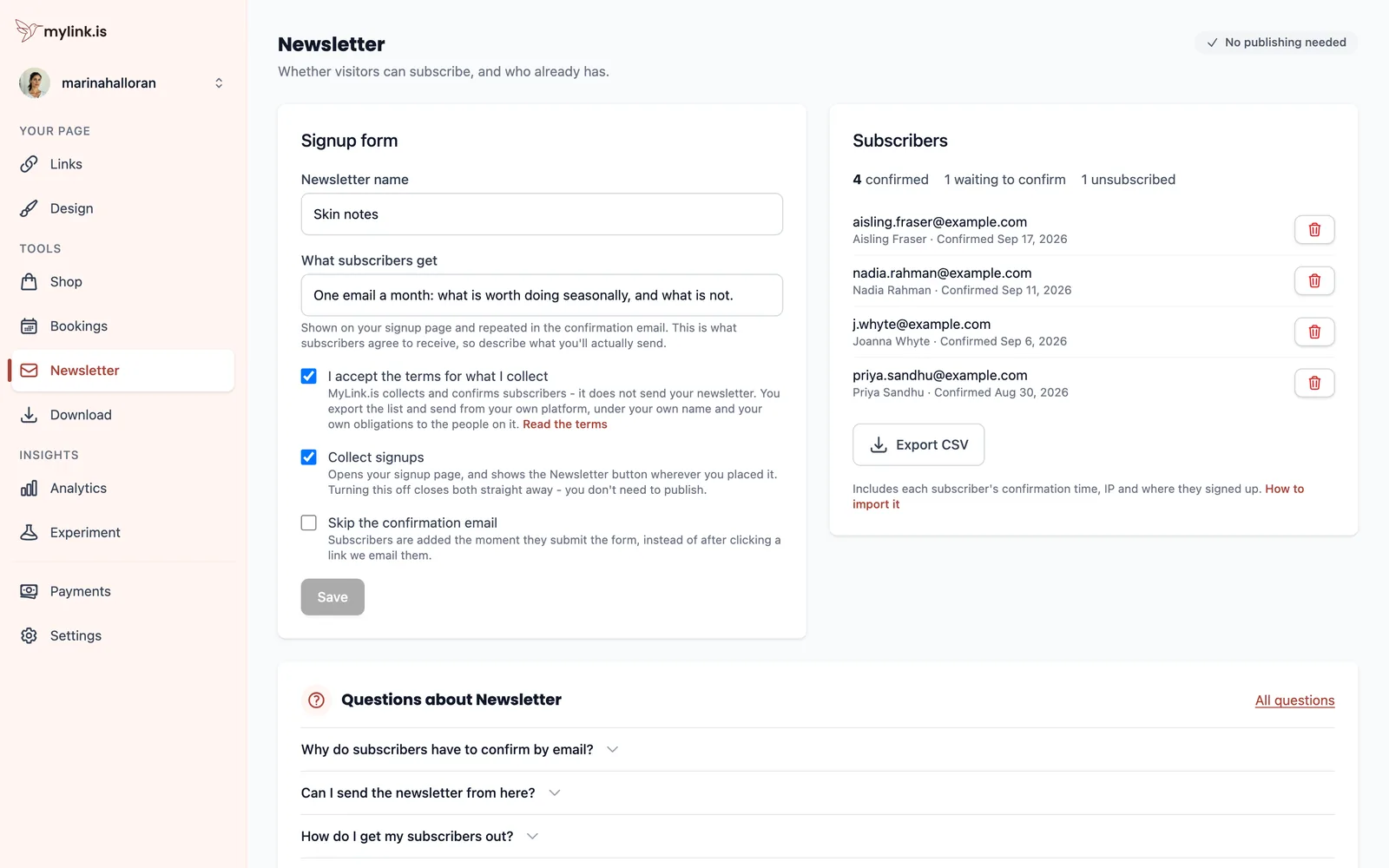 The Newsletter section with a signup form on the left — name, what subscribers get, terms and a collect switch — and the subscriber list on the right.