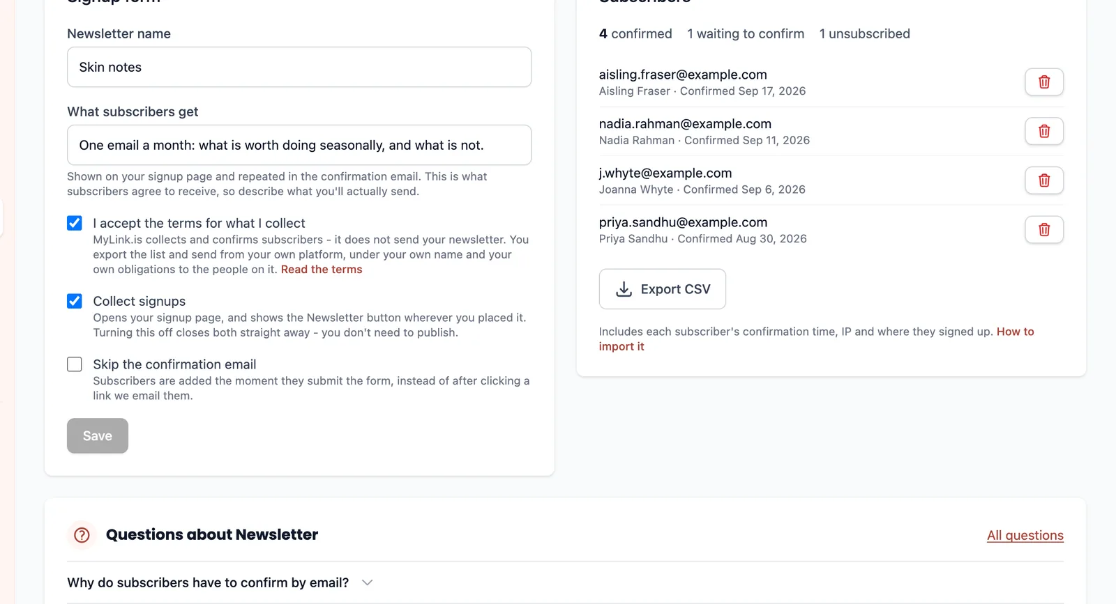 The Subscribers panel showing counts for confirmed, waiting to confirm and unsubscribed, then each address with the date it confirmed and an Export CSV button.