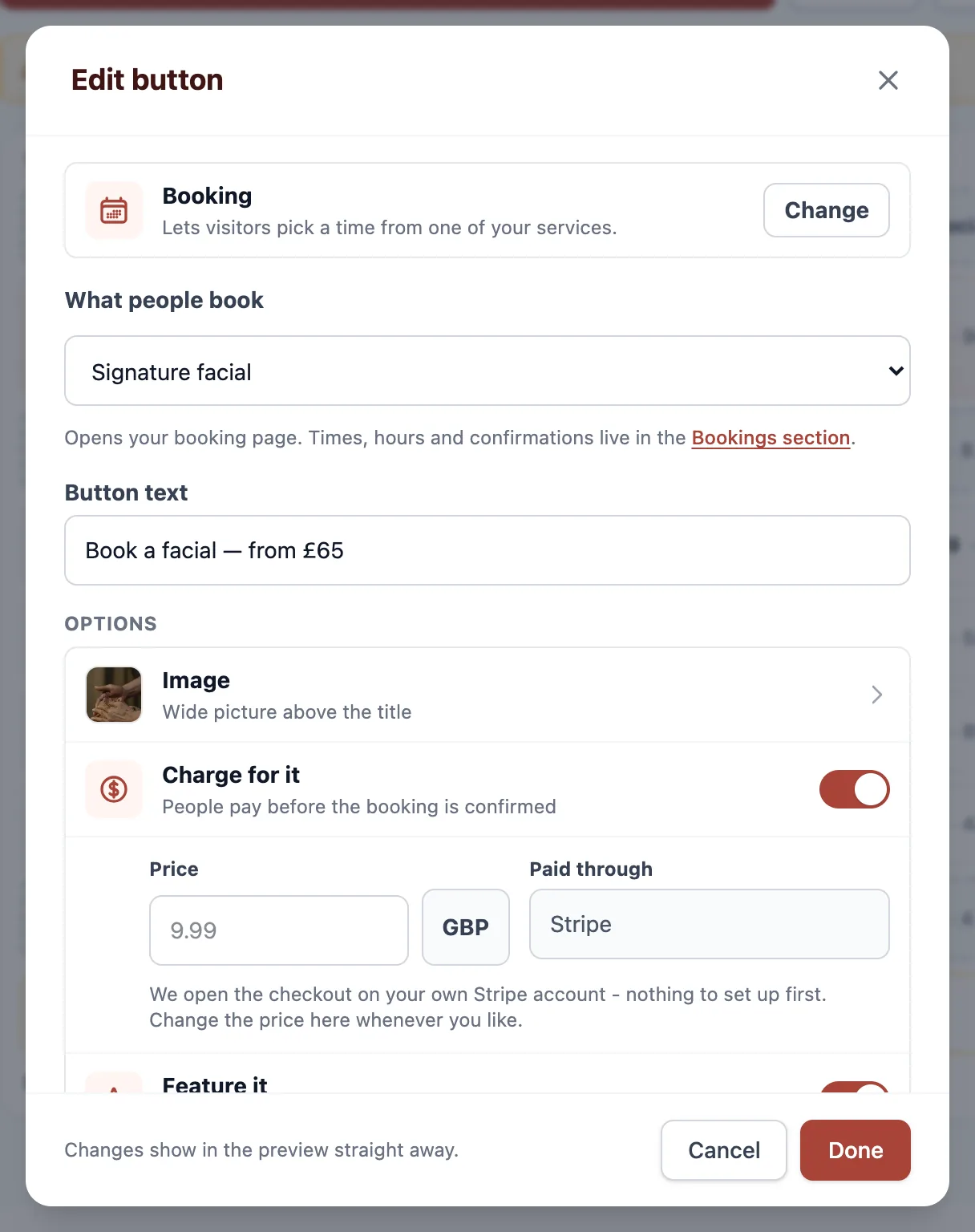 A link edit dialog with the Charge for it switch now available rather than greyed out, beside the other row options.