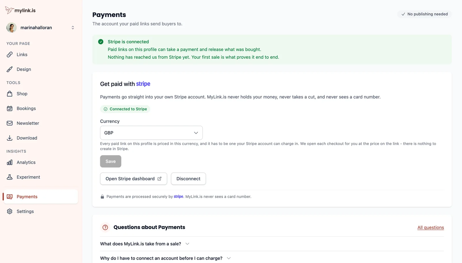 The Payments section showing a connected account, a currency selector, and buttons to open the provider dashboard or disconnect.