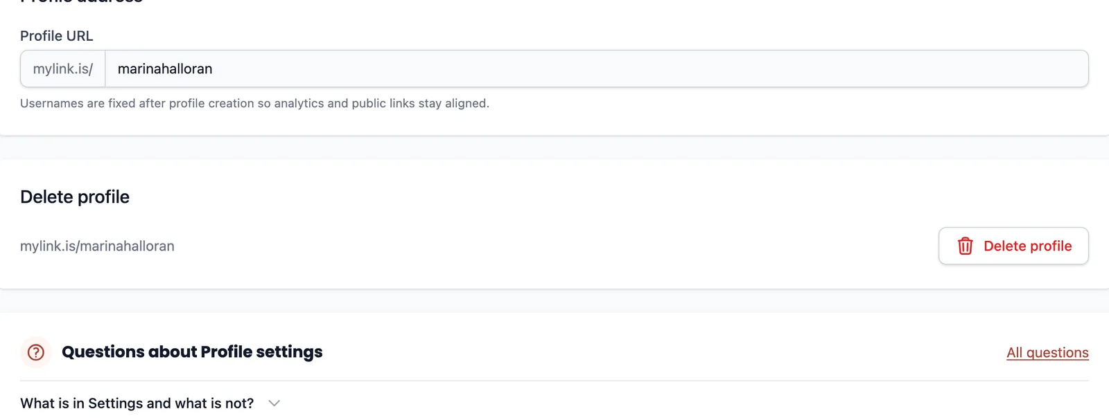 The Delete profile card, with a warning about what is removed and a Delete profile button.