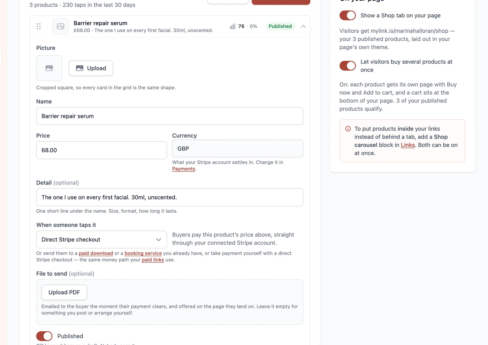 An expanded product with fields for its title, description, image, price and what the buyer receives, and a control for whether it is published.