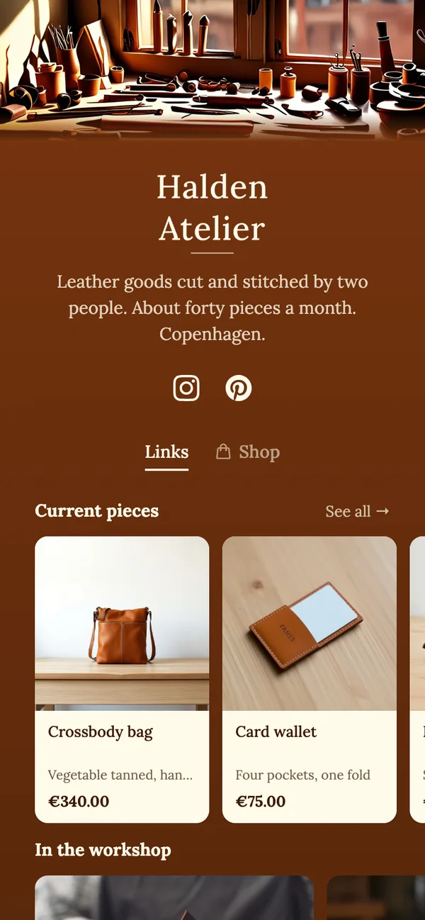 Halden Atelier, a Copenhagen leather workshop, with a shop shelf of priced pieces