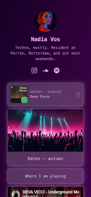 Nadia Vos, with a Spotify player and autumn dates