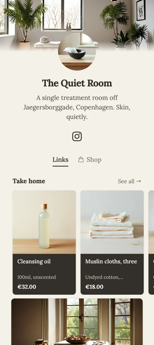 The Quiet Room, a Copenhagen skin studio, with products for sale and a facial bookable from the page